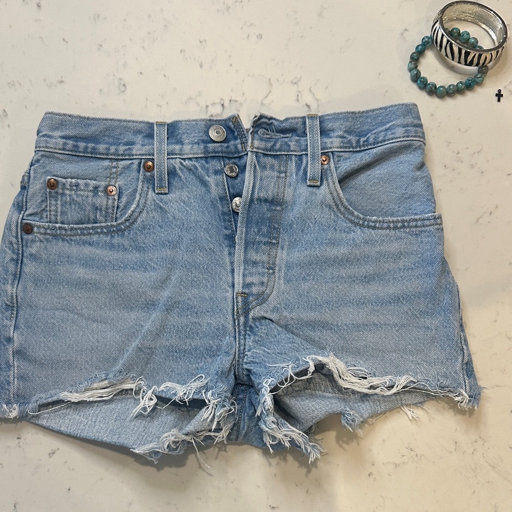 Levi's Light Blue Jean Shorts with Frayed Hem